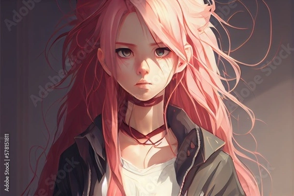 Fototapeta Mysterious and Beautiful Anime Girl with Colorful Hair and Enigmatic Expression.
Generative AI.