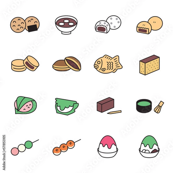 Obraz 日本の食べ物、和菓子のアイコンセット