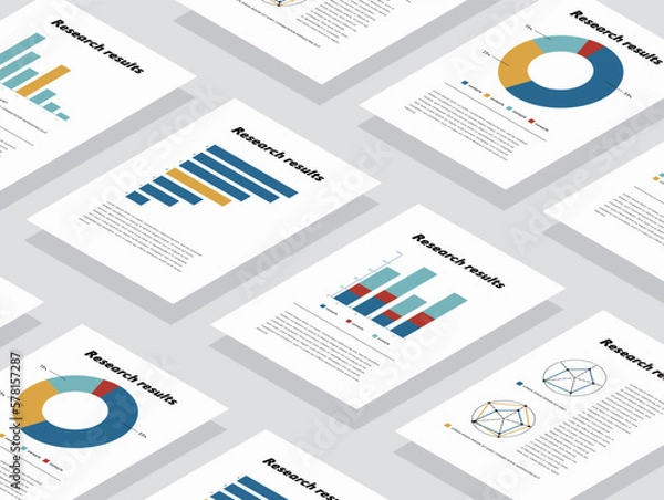 Obraz さまざまな統計書類が並べられたイラスト アイソメトリック
