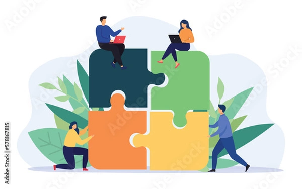 Obraz Business team putting together puzzle vector illustration. Teamwork and Partnership. Cartoon partners working in connection.  Vector illustration