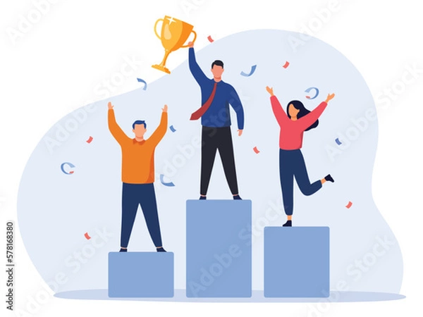 Obraz Businessman with golden trophy. Happy business people standing on the winner podium with awards. Vector illustration concept of business success,  awards, career, successful projects, and competition.