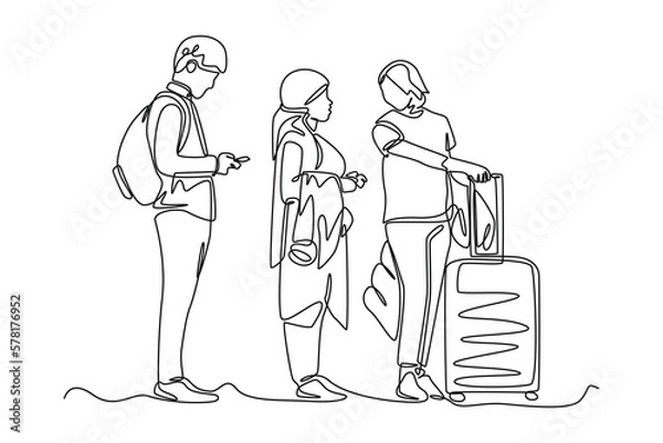 Fototapeta Continuous one line drawing travelers queued to check in at airport. airport activities concept. Single line draw design vector graphic illustration.