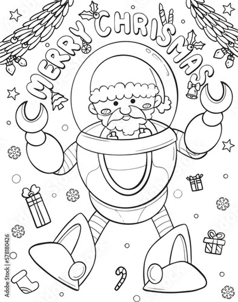 Fototapeta Hand-drawn doodle art. Santa Claus in Robot with Christmas element for Merry Christmas or Happy new year card. Coloring page for adults and kids.
