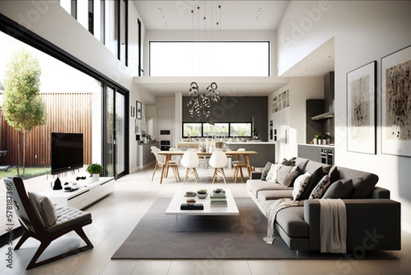 Fototapeta Open-plan modern living room, Generative AI	