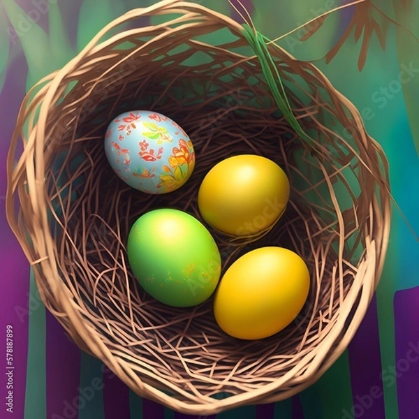 Fototapeta Easter eggs in a basket. 
Created using generative AI technics