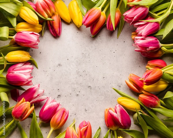 Fototapeta Tulips in a heart shaped pattern with space.