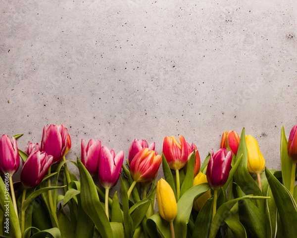 Fototapeta Beautiful celebration background. Bunch of multicolored tulips with waterdrops on textured background. Copy space, flat lay.