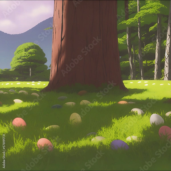 Obraz Landscape with trees, eggs and grass. 
Created using generative AI 