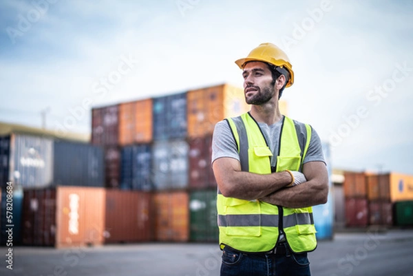 Fototapeta Caucasian warehouse worker in uniform with hard hat standing in container port terminal. Area logistics import export and shipping.