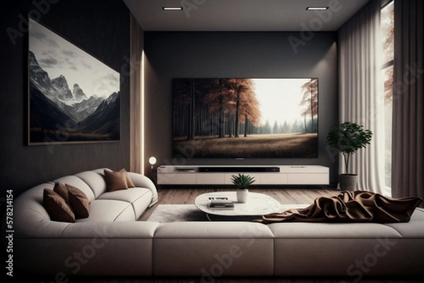 Fototapeta Maximizing Living Room Space with a Big TV Screen: Generative AI