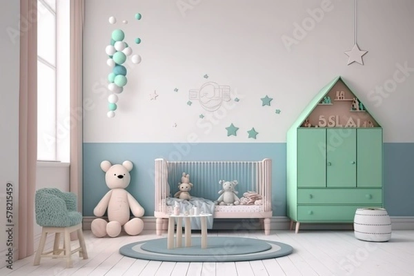 Fototapeta Kids room decor: Bed, toys, deco, pillows. Pastel colors. Daylight. Designers copy space. Photo generative AI