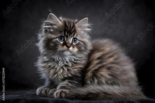 Fototapeta Portrait little fluffy kitten on a gray background photography made with Generative AI