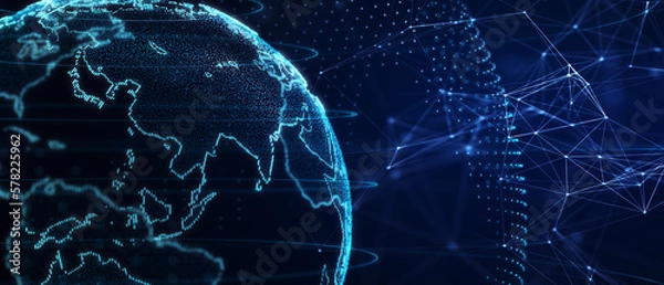 Fototapeta Blue futuristic background with planet Earth. Composition, representing the global, network connection, international meaning. Global social network. 3d illustration.