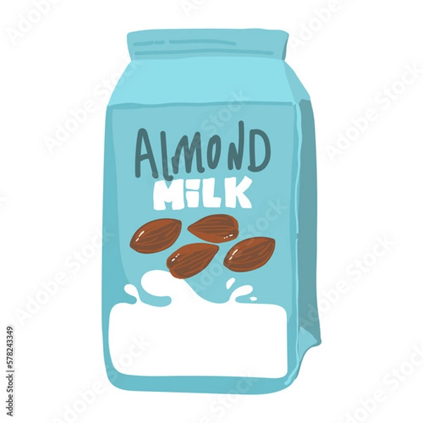 Fototapeta Isolated almond milk in paper package with liquid splash and nuts, natural drink branding on carton container with lid, advertising of vegan liquid for nutrition. Dairy packaging and advertising