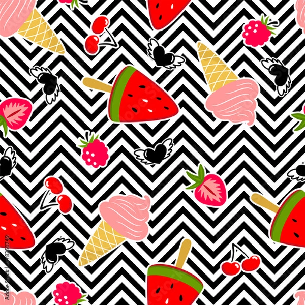 Fototapeta Summer ice cream pattern with berries and heart. Vector seamless background with strawberry, cherry, ice cream cone and hearts