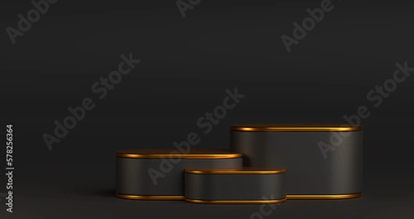 Obraz three black cylinders podiums with golden line, dark and shiny geometric, round realistic pedestal, cosmetic showcase, template, copy space, advertising, product display, 3D Rendering