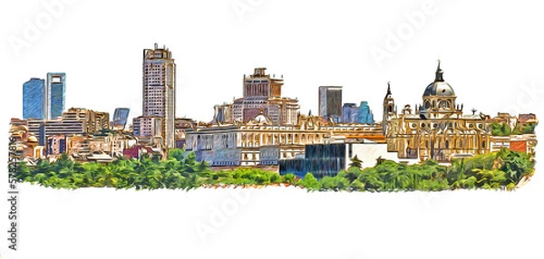 Obraz Madrid, Spain downtown skyline, color sketch illustration isolated on white background.
