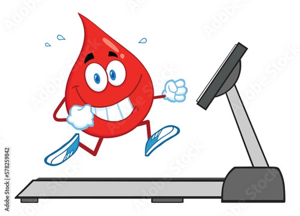Fototapeta Healthy Blood Drop Cartoon Character Running On A Treadmill. Hand Drawn Illustration Isolated On Transparent Background