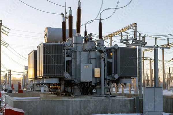 Fototapeta Power transformer at the substation with the rays of the morning sun. Energy. Cold winter dawn at the substation.
