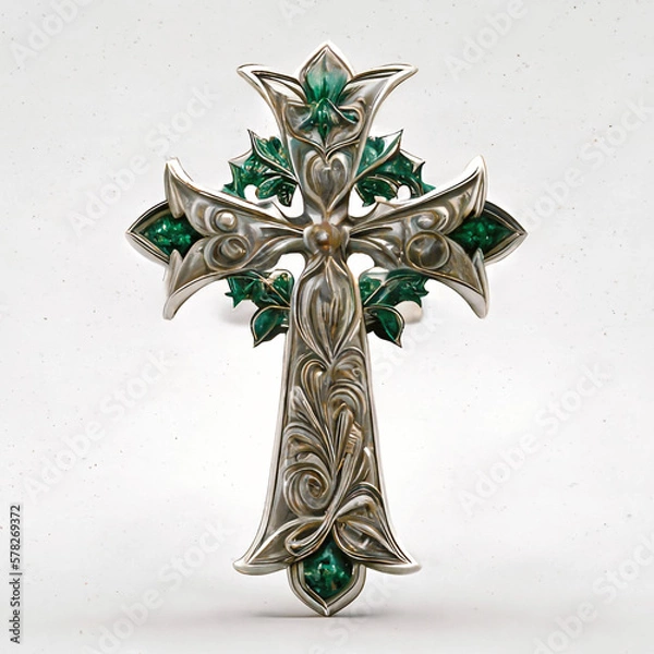 Obraz silver cross with emerald, AI Generated