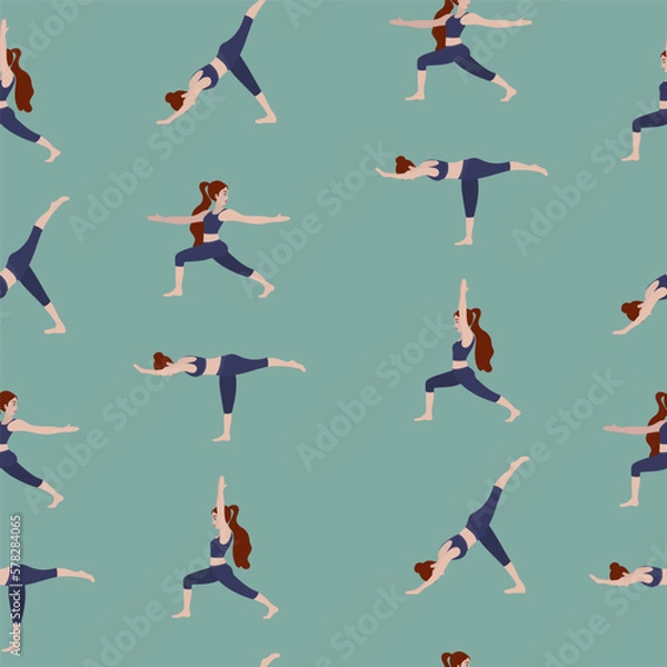 Fototapeta Seamless pattern with woman exercising yoga. Vector illustration in flat cartoon style, concept illustration for healthy lifestyle, sport, exercising.