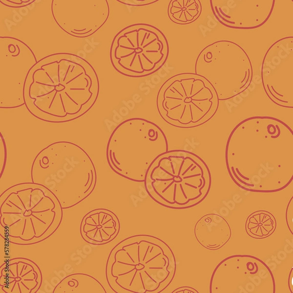 Obraz Seamless vector pattern with orange. Fruit sketch of oranges on an orange background in doodle style. Botanical drawing for 
printing on textiles, gift paper, banners, menus. Collection of oranges.
