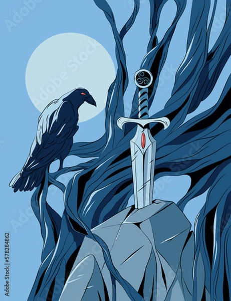 Fototapeta Vector illustration of raven and sword in stone. Middle ages, knights, night.