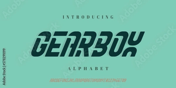 Fototapeta Gearbox. Modern Bold Font. Regular Italic Number Typography urban style alphabet fonts for fashion, sport, technology, digital, movie, logo design, vector illustration