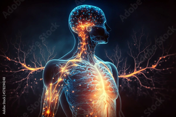 Obraz Human body with glowing neurons visualization. Generative AI illustration