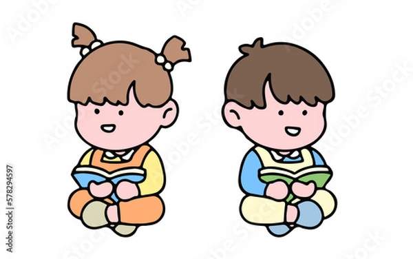 Fototapeta A cute kid character, reading a book, studying and doing homework, isolated on a background, for a back-to-school concept.