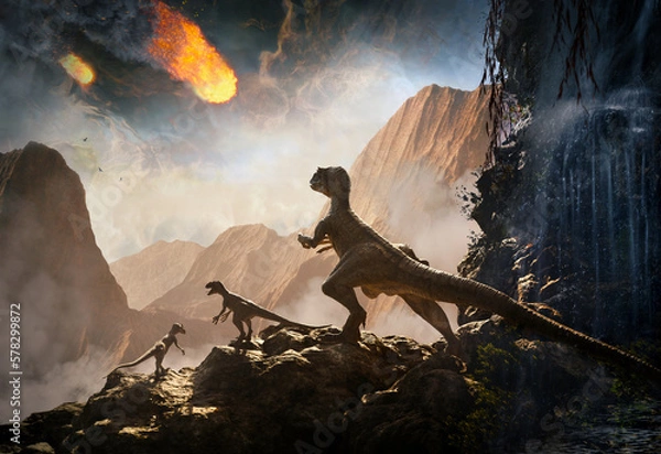 Obraz Raptor Dinosaur observing asteroid impact, 3d render