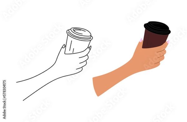 Fototapeta Hand holding coffee mug in linear and flat style isolated on white background. Morning beverage, Vector illustration