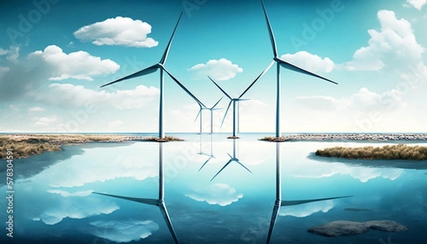 Obraz Offshore wind turbines farm on the ocean. Sustainable energy