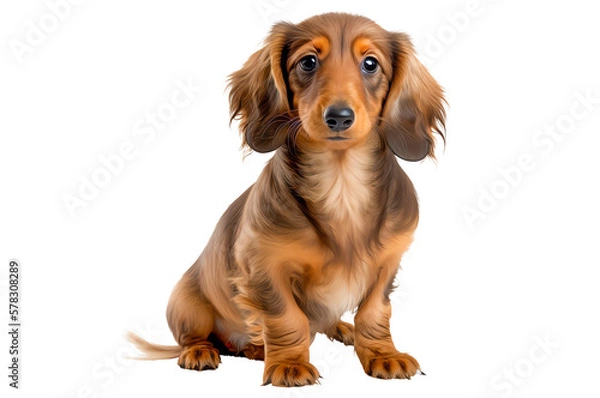 Fototapeta A handsome brown Dachshund, isolated and regal in a seated pose. Close-up, front view. Generative AI