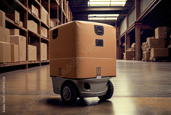 Fototapeta Robot AGV transporting cardboard box in warehouse background. Technology innovation and delivery concept. Generative AI