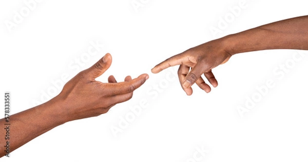 Fototapeta Hands reaching out to touch, give or help. Two male hands trying to touch like in the creation of Adam isolated on white or transparent background