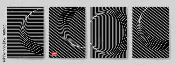 Fototapeta Set of Monochrome Optical Art Design Covers for Printing. Vector Abstract 3d Geometric Illustration. CMYK.