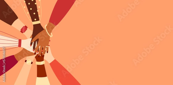 Fototapeta Hands of women of different ethnicities making unity gesture, copy space. International group of friends. Vector illustration in flat style
