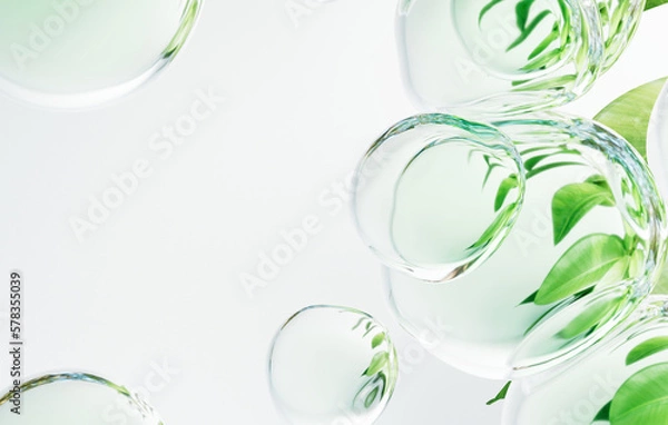 Obraz 真っ白な空間に浮かぶ水滴のボール, グリーン 葉っぱ エコ サステナブル アブストラクト