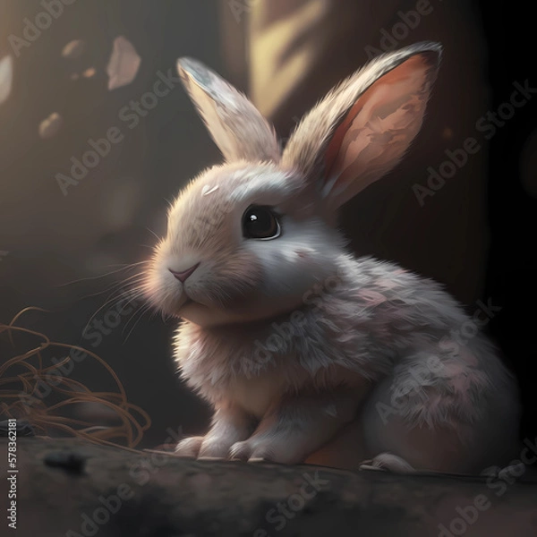 Fototapeta White rabbit on the ground. Created with generative AI technologies