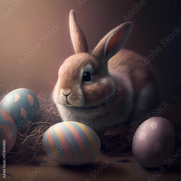 Fototapeta Easter bunny with easter eggs. Created with generative AI technologies