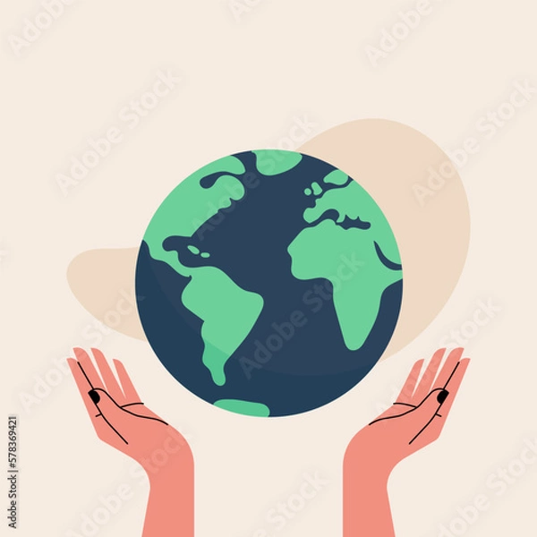 Fototapeta Hands up holds world globe. Concept of sustainability, Earth Day, climate change. Vector illustration, flat design