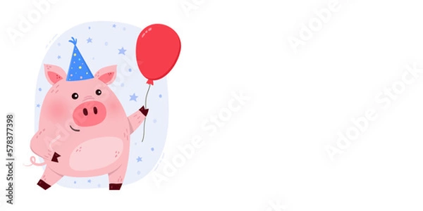 Obraz White background with funny pig with a balloon. Birthday banner with a cute animal. Design for invitation, banner, card. Vector illustration