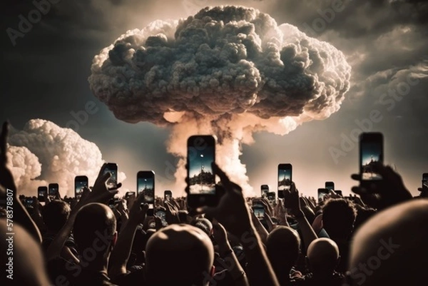 Fototapeta The end of the world, nuclear explosion cloud, crowd using many mobiles phones taking photos, AI generated. An ironic look at modern society.