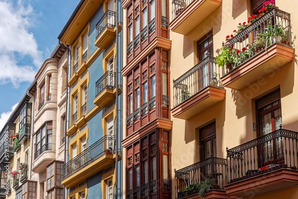 Fototapeta Buildings in Plaza Unamuno, Unamuno Square, the center of Casco Viejo, the Old Town of Bilbao