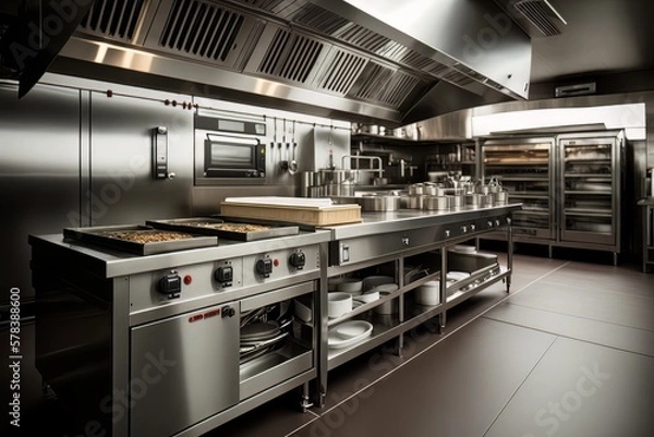 Fototapeta Professional modern kitchen in a restaurant. Generative AI Technology