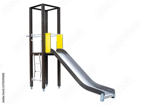 Fototapeta Modern sport neat brown children's slide on a transparent background. A steel slide with wooden supports and a hanging ladder