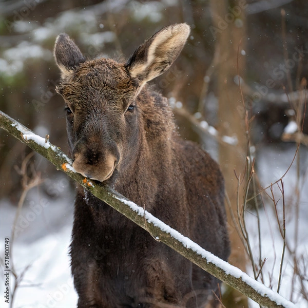 Fototapeta portrait of cute elk calf eating an bark from a tree branch in the snow forest in the winter