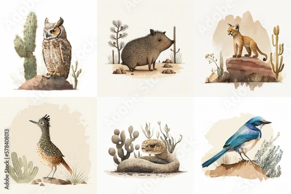 Fototapeta A set of six cute animals, mammals, birds, reptiles, from the area of Arizona, USA in watercolor, illustration made with Generative AI