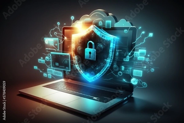 Fototapeta Cyber security, data protection, cyberattacks concept on blue background. Database security software development. Online security concept. Laptop protected with shield. AI